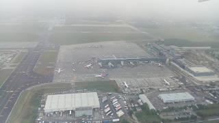 An aerial view of the passenger terminal of Bucharest Henri Coanda Airport