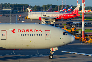 Rossiya Airlines and Aeroflot airplanes at Moscow Sheremetyevo Airport