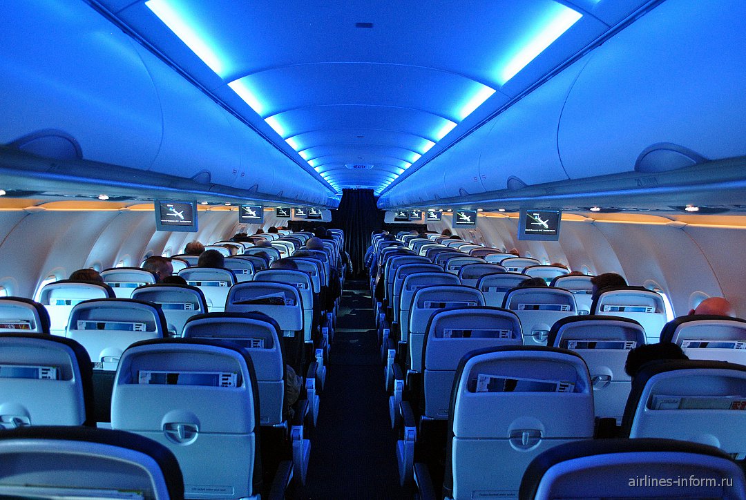 The cabin of the Airbus A320 British Airways. 