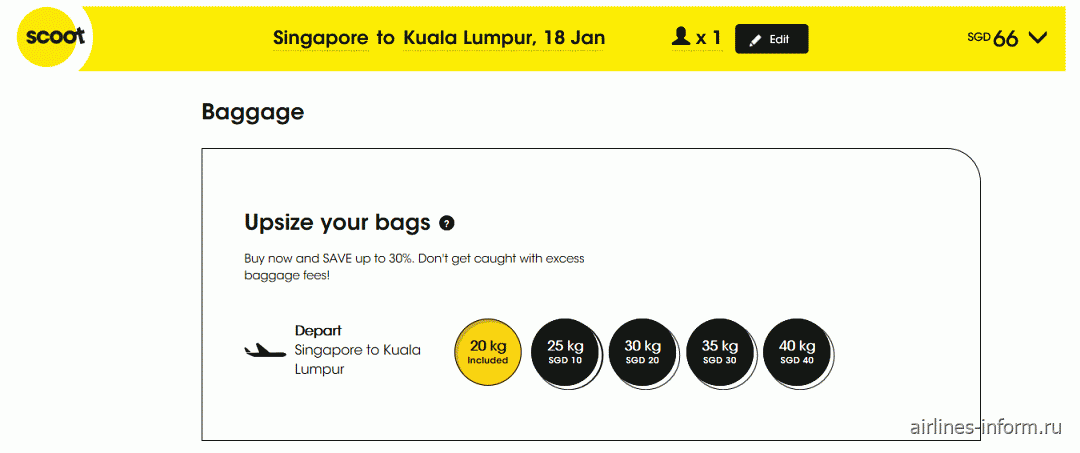 Scoot airlines cheap baggage cost